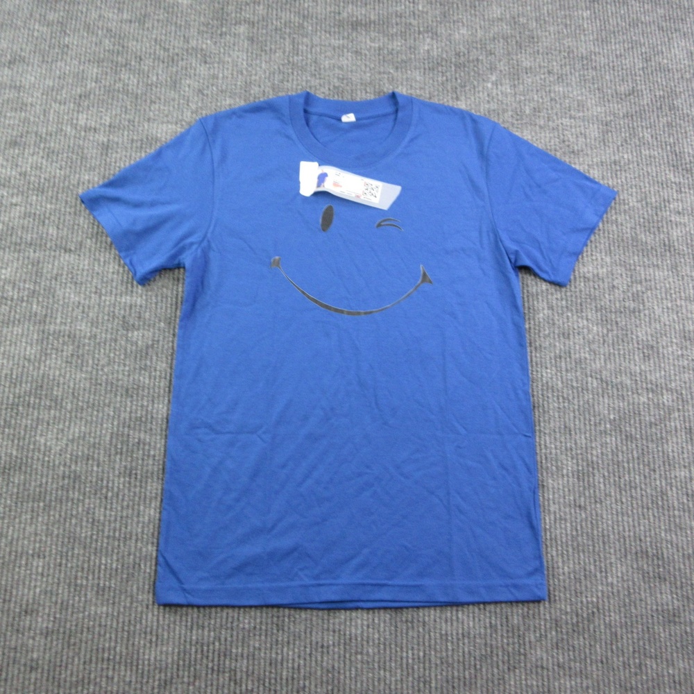 Smiley Face Shirt Mens S Blue Crew Neck 100% Cotton Jersey Graphic Tee NWT